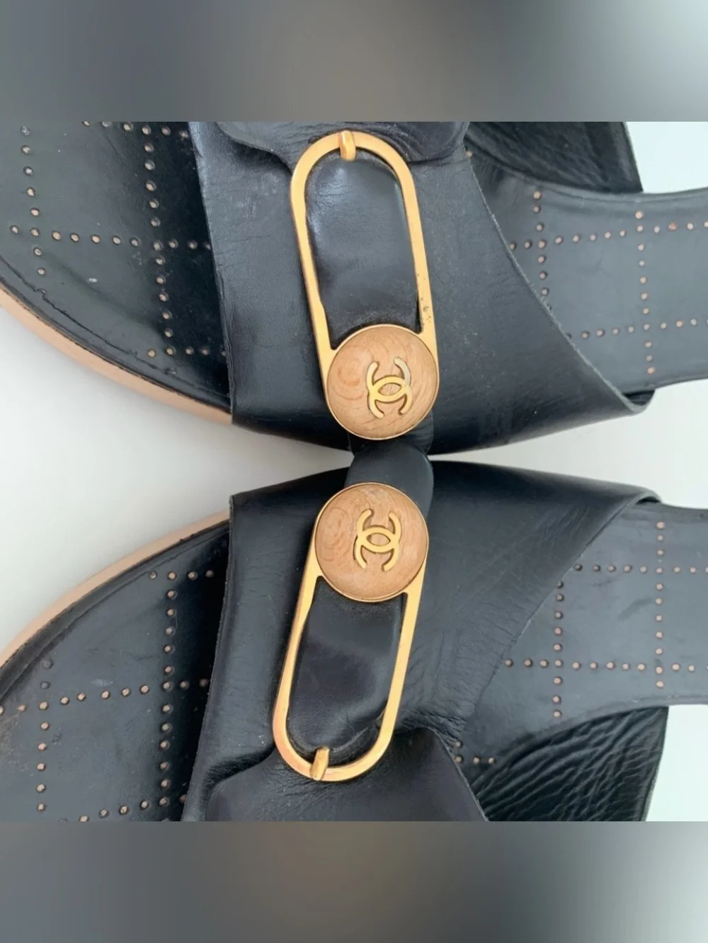 Authentic CHANEL Black Leather Slide Heels with Gold Insignia Accent. Sz: 9.5
